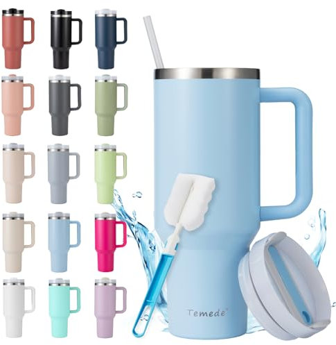 Temede Thermobecher mit Strohhalm und Henkel 30oz/0.9L,Großer Trinkbecher mit Deckel und Strohhalm,Kaffeebecher to go Thermo,Edelstahl Vakuum Isolierbecher Tragbare Autobecher für Kalte Heiße Getränke