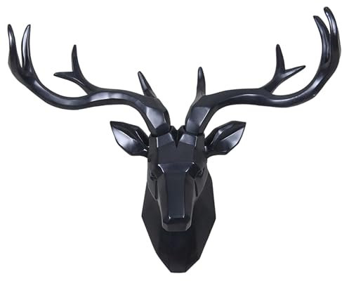 Hoixin Hirschkopf-Wanddekoration Wanddeko 3D Hirschkopf mit Geweih Wanddeko Hirschkopf Harz Hirschgeweih Hirschkopf Geweih Hirsch Wandskulptur Geeignet für Schlafzimmer Wohnzimmer Café(Schwarz,80x60cm