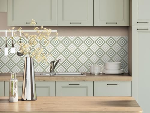 CAMELEO Crédence cuisine adhésive vinyle, effet carreaux de ciment Carthage vert sablé, 200 x 40 cm - Convient aussi comme adhésif décoratif pour meuble - résistant et imperméable