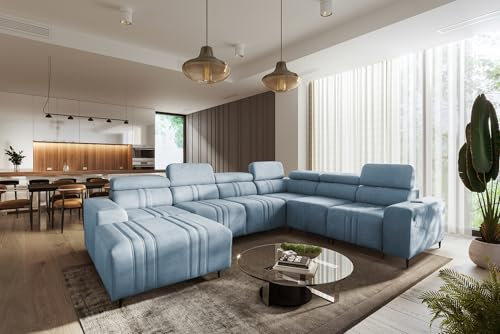 All4All Ecksofa mit Schlaffunktion Fabio VIII 340 cm x 269 cm - Eckcouch mit Bettkasten - Wohnlandschaft in U-Form - Modern - Loft Stil - XXL Sofa - Seite Links - Blau - Easy Clean Stoff 26