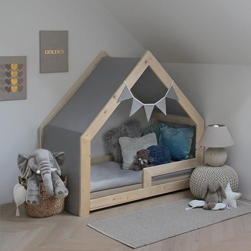 Need Sleep Hausbett Himmel mit Wimpelkette für Bett 90x200 cm - 100% Baumwolle Betthimmel Mädchen Junge- Himmelbett Vorhang für Kinderbett - Baldachin Kinderzimmer Deko Grau (440 cm x 90 cm)