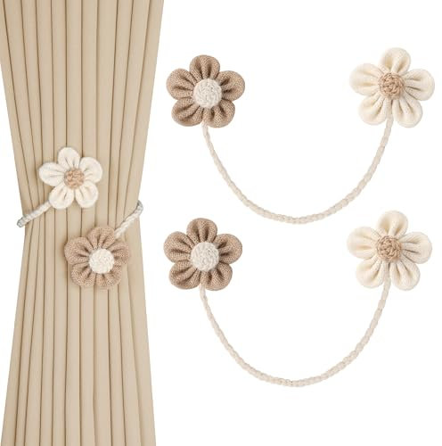 OCIOLI Handmade Flower Curtain Tiebacks - Bohemian No Drill DIY Curtain Holdbacks, Cute Nursery & Bedroom Twist Drapery Tie Backs, Chic Boho Home Decor Accessories (2, Beige-2)