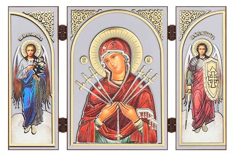 NKlaus Triptychon, christlich, Reisealtar, Gottesmutter, 8,5x13cm, 1 Stück | Goldene Prägedruck-Verzierung und schützende Lackschicht bewahren brillante Farben und feine Details