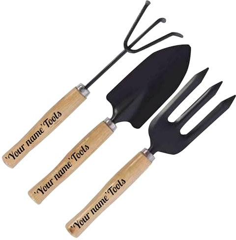 Personalised Garden Tools Set, 3-Piece Hand Tools with Custom Name, Wooden Handle Trowel Fork Cultivator