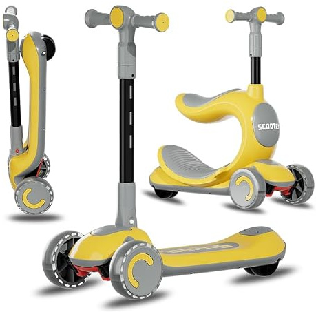 Habib Kinderroller Tretroller – 3-in-1 Scooter mit Sitz, LED Rädern, Höhenverstellbar & Faltbar – Sicher & Robust für Kleinkinder bis Schulkinder