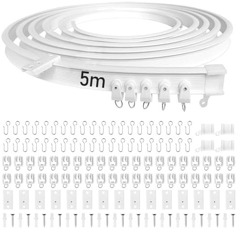 Riel de cortina de techo flexible de 5 m, color blanco, curvado con ruedas silenciosas, ideal para ventanas de ducha, separadores de habitaciones de autocaravanas, privacidad y decoración del hogar