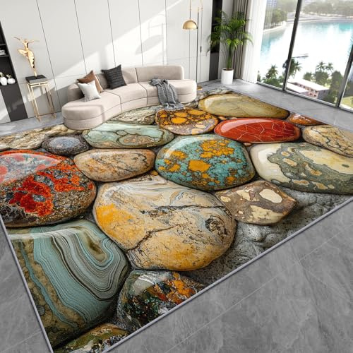 AevuCub Stein Deko, Kieselsteine Teppich 120x160 Kurzflor, Teppich Wohnzimmer 3D Effekt, Weich rutschfest Waschbare Teppiche, Bettvorleger Schlafzimmer Kinderzimmer