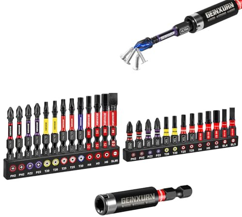 Geinxurn 27pcs Impact Screwdriver Bits Set (Phillipes, Pozidriv, Torx, Hex, Slotted), 25 mm 50 mm Ph Pz Tx Magnetic S2 Steel Cross Driver Bits Set and 1pc Impact Bit Holder with Color Coded Base