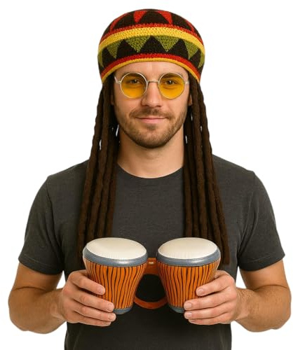 Erwachsene Deluxe Jamaikanischer Rasta-Hut mit Dreadlocks, aufblasbaren Bongo-Trommeln & gelben runden Gläsern, Reggae-Kostümzubehör für Männer, Festival-Party-Kostüm-Kit