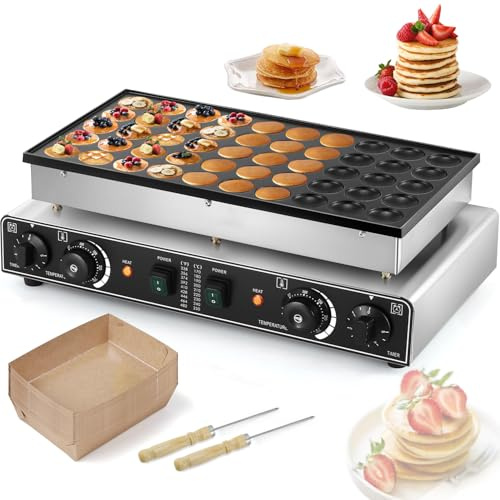 Moongiantgo Máquina De Panqueques Holandeses De 50 Huecos, Acero Inoxidable Con Molde De Aluminio Grueso, Control De Temperatura De 50-300°c Y Temporizador De 5 Minutos, Superficie Antiadherente, 220V