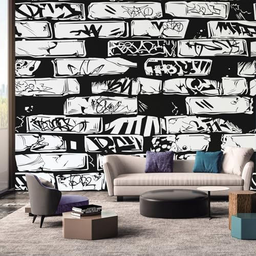 Black and White Graffiti Wallpaper Mural, Street Art Brick Effect Wall Mural, Non-woven Print Photo Wallpaper for Bedroom Living Room Decor 150x105 cm - Sfu39