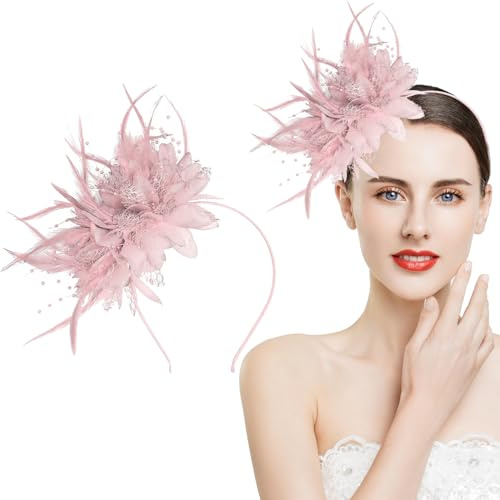 Rosa fascinator-pannband, fjäderhårsaccessoarer, konstgjorda blommor, fascinatorer för kvinnor, bröllop, cocktail, tebjudning