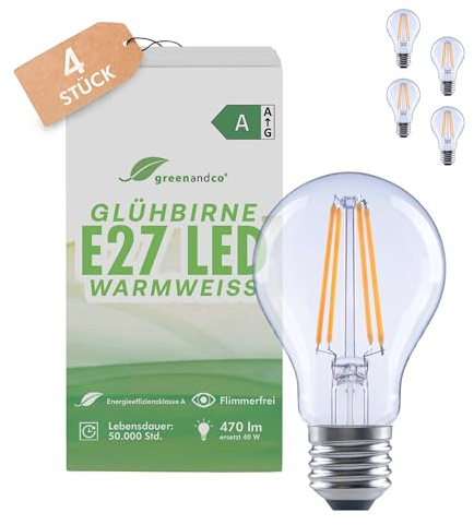 greenandco 4x Ampoule E27 à filament LED | transparente | E27 A60 | 2,2W 470lm | remplace 40W | 2700K blanc chaud | 320° | 230V | sans scintillement | Classe énergétique A | non-dimmable