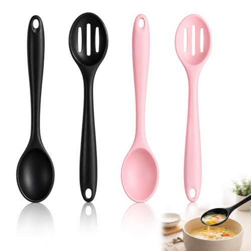 4PCS Silicone Cooking Spoons, Kitchen Spoon and Slotted Spoon, Nonstick Large Serving Spoons, Heat Resistant Durable Cooking Spoon Mixing Spoon for Stirring, Scooping, Mixing and Serving
