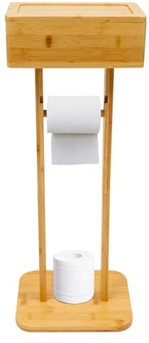 Toilettenpapierhalter Stehend, 64.7cm Freistehender Klopapierhalter aus Bambus Holz, Klopapierständer mit Drehbarer Box-Deckel