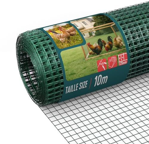 VOUNOT® Malla de Alambre Soldada Rollo de Malla Metálica Electrosoldada 1x10m Revestimiento PVC Agujero 25x25mm Ø Alambre 1mm Valla Gallineros para Jaulas de Conejos Jardín Roedores Pequeños Verde