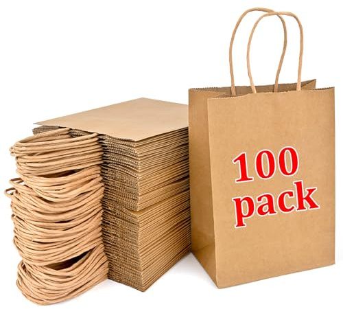 YFZYT 100 st bruna papperspåsar med handtag (21 x 7,6 cm x 15 cm) – små presentväskor för barnfester, bröllop, födelsedagar (15 x 8 x 21 cm)