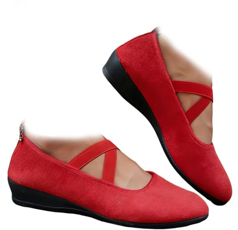 Women Closed Toe Wedge Shoes Faux Suede Mary Jane Flats, Elastic Crisscross Strap Slip-On Low Platform Comfortable Dress Shoes for Work & Daily Walking