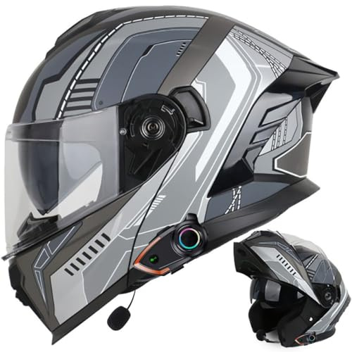 Motorrad Klapphelm mit Bluetooth, Motorradhelm Integrierter Bluetooth-Helm mit ECE Zertifiziert Moped Full Face Helm Rollerhelm Anti-Fog-Doppelspiegel für Damen Herren 54~63cm