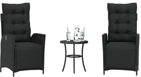LoogCape Ensemble de bistrot 3 pièces en polyrotin noir avec fauteuils de relaxation réglables, coussins confortables, résistants aux UV, pour jardin, balcon et terrasse