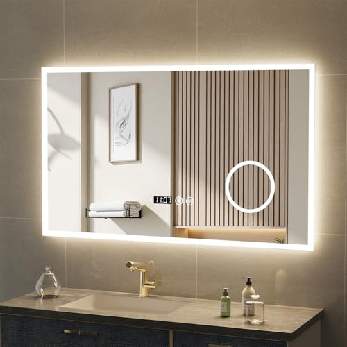 Oyajia Badezimmerspiegel Wandspiegel LED Badspiegel mit Beleuchtung und Uhr Außenring mit Vergrößerungsspiegel mit Touch-Schalter Beschlagfrei, 3 Farbtemperaturen y Dimmbare Helligkeit, 100x60cm