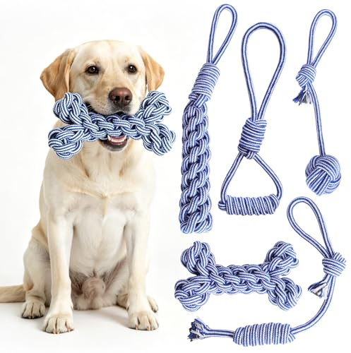 5 Stk Hundespielzeug Set – Robustes Kauseil & Hundeseil zur Zahnreinigung | Interaktives Kauseil aus 100% Baumwolle für Mittlere & Große Hunde, Robuster Tau-Knoten zur Zahnpflege & Wurfspiele