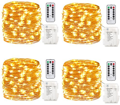 GDEALER 4 Pack 16.4 Feet 50 Led Fairy Lights Battery Operated with Remote Control Timer Waterproof Copper Wire Twinkle String Lights for Bedroom Indoor Outdoor Wedding Dorm Decor Warm White