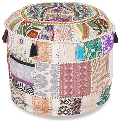 Aakriti Gallery Indischer Pouf Fußhocker, ethnisch, bestickt, indische Baumwolle, rund, Ottomane, Sitzkissen, ethnische Dekoration, Kunst, nur Bezug (Weiß, 56 x 36 cm)