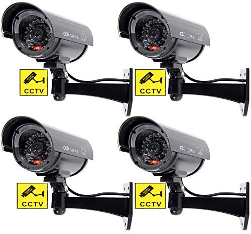 BW 4pcs Outdoor Indoor Fake Dummy Imitation CCTV Security Camera W/Blinking Flashing Light Bullet Shape Black