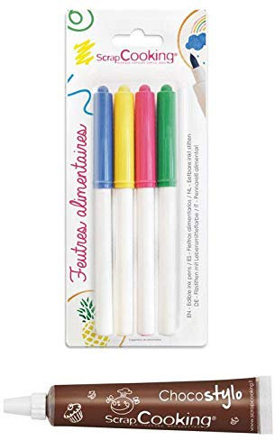SCRAP COOKING 4 feutres Alimentaires Jaune, Vert, Rose, Bleu + 1 Stylo Chocolat
