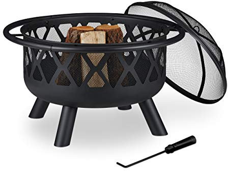 Relaxdays Braciere con Protezione Parascintille, D:75 cm, Giardino & Terrazza con Attizzatoio, Camino da Esterno, Nero