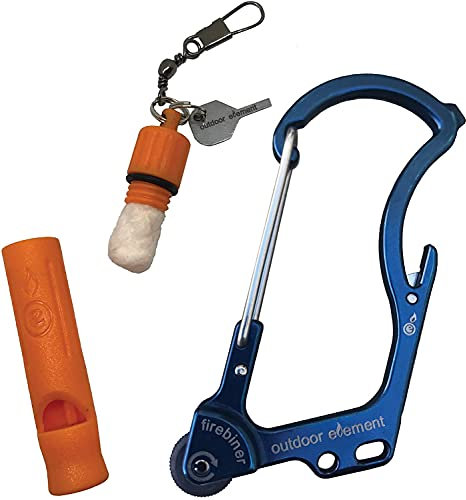 OUTDOOR ELEMENT Firebiner and Wombat Whistle - (COMBO-PACK) Fire Starter, Carabiner, Multi Tool, Utility Blade, Bottle Opener, Keychain Emergency Tool with Screwdriver Tip, Blue