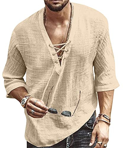 Men's Fashion Shirt Short Sleeve Beach V-Neck Drawstring Solid Color Yoga African Summer Top Solid Khaki M
