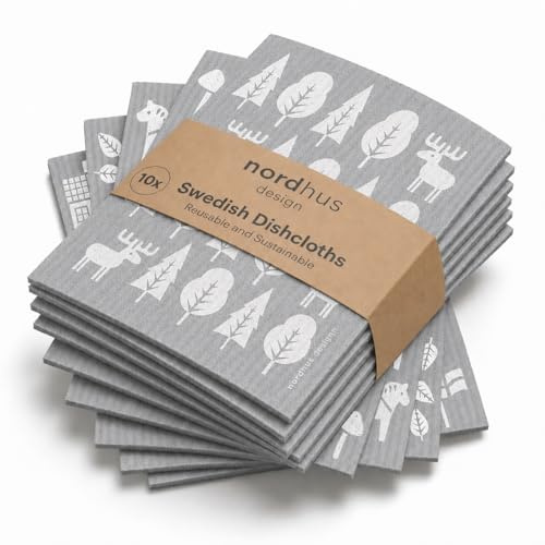 Nordhus Design Swedish Tea Towels, 10 Pack, Grey, Made in Sweden, Reusable, Washable, Cellulose Cotton, Replace Napkins, Wipes, Sponges and Dish Rags