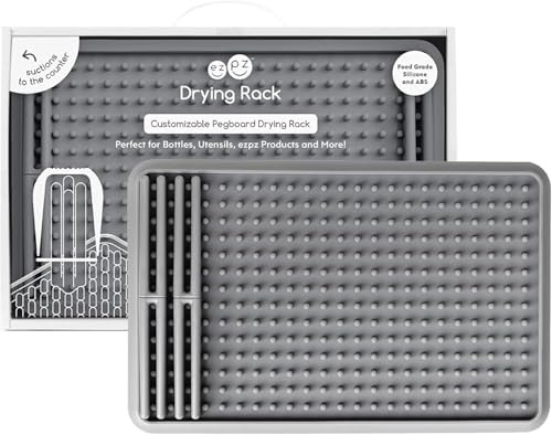 ezpz Drying Rack (Gray) - Silicone Dish Drying Rack with Suction Base - Adjustable Pegs - Odor-Resistant - Dry + Store Baby/Toddler Gear