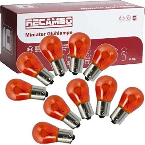 Recambo 10x Glühbirne Scheinwerferlampe Birne 21W 12V Abblendlicht Fernlicht Glühlampen | E - Prüfzeichen | Sockel BAU15S - Gelb