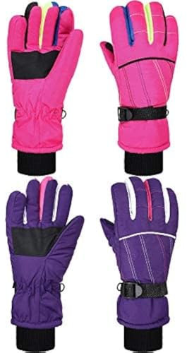 Geyoga 2 Paar Kinder Winter Skihandschuhe Schneehandschuhe wasserdichte Kinder Snowboard Handschuhe (Lila, Rosa, 5-8 Jahre)