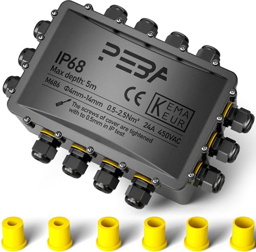 PEBA Abzweigdose Wasserdicht IP68, Großer Verteilerdose Aufputz 295x215x115 mm, M25 Kabelverschraubung 4 mm - 14 mm, Kabelverteiler Wasserdicht, Outdoor Garten Erdkabel Abzweigdose schwarz 14 Wege