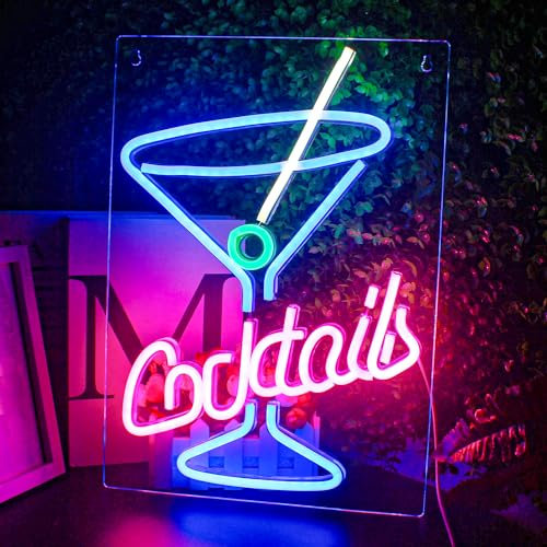 Looklight Cocktails Neon Light Sign Bar Neon Signs Cocktail Glass LES Sign Pink Blue Led Light Up Signs for Beer Bar Bedroom Home Club Kitchen Hotel Wedding Birthday Party Sign with USB