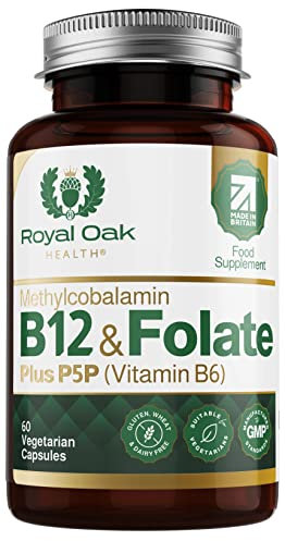 Royal Oak Health Vitamin B12 & Methyl Folate Supplement with P5P Vitamin B6 (60 Capsules / 2 Month Supply) Active Form 400μg l-Methylfolate Folic Acid, Vitamin B6, B9 & B12 Vitality Formula. UK Made