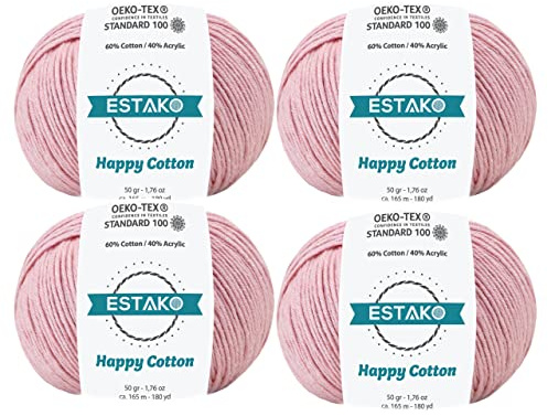 Estako Happy Cotton, (4 Skeins Pack) 60% Cotton 40% Acrylic Yarn, Soft, Fine/Sport (2) for Crochet and Knitting (4 x 1.76 Oz) / (4 x 180 Yrds) (4310 - Baby Pink)