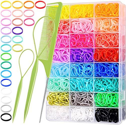 TsMADDTs 24 Colors Rubber Bands, 2000 pcs Elastic Hair Ties with Organizer Box, Rubber Bands with Tail Tools and Comb, Hair Accessories for Girls Kids Baby Toddler