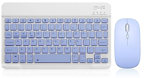 Combo de teclado y mouse Bluetooth recargable portátil inalámbrico para Apple iPad, iPhone, iOS 13 y superior, Samsung, tablet, teléfono, smartphone, Android Windows (10 pulgadas, morado)