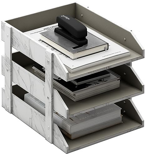 Thipoten Schreibtisch-Organizer aus Leder, 3 Ebenen, stapelbar, Briefablage für Bürobedarf, Papier, Akten, Zeitschriften, perfekte Büroorganisation für den Schreibtisch (weiß, 3 Ebenen)