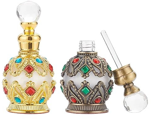 NBEADS 2 Uds. Botellas de Perfume de Vidrio Vintage, Botella de Aceite Esencial de Estilo Árabe, Decantador de Perfume de Cristal Decorativo Enjoyado, Viales, Botellas Recargables Vacías, 15 ml