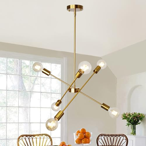Rviezza Modern Pendelleuchte Gold Deckenlampe 6 Flammig, Gold Metall Sputnik Kronleuchter mit E27 Dimmbar Sockel, Verstellbare Lichtarm, Hängelampe Wohnzimmer, Esszimmerlampe Hängend