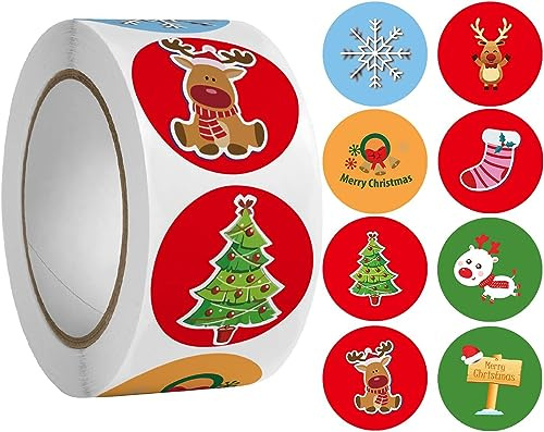 Weihnachtsaufkleber Rund, 1 Stück mit 500 Blatt Weihnachten Aufkleber Etiketten, Selbstklebend Geschenkaufkleber für Umschlag Geschenktüten, Papiertüten, Dekorieren, Weihnachtskarten, Geschenk