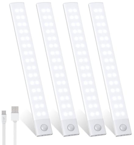 Forepin Lampe de Placard 60 LEDs, Lot de 4 Lampe de Placard à Détecteur de Mouvement Sans Fil, Type-C Rechargeable Éclairage à LED Lumière de Placard pour Cuisine Escalier Couloir