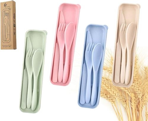 XTAIQD 4 Sets Travel Cutlery, Portable Camping Set with Case, Plastic Reusable Cutlery for Camping, Travel, Picnic, Office, School Lunch Box, BBQ or Daily Use