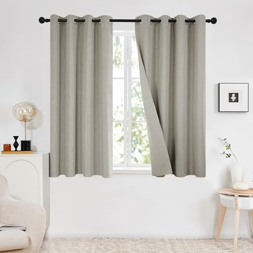 Deconovo 100% Blackout Faux Linen Curtains, Double-Sided, Thermal Insulated, Noise-Reducing, Eyelet Curtains for Bedroom & Living Room - 2 Panels (Linen Grey 46x54)